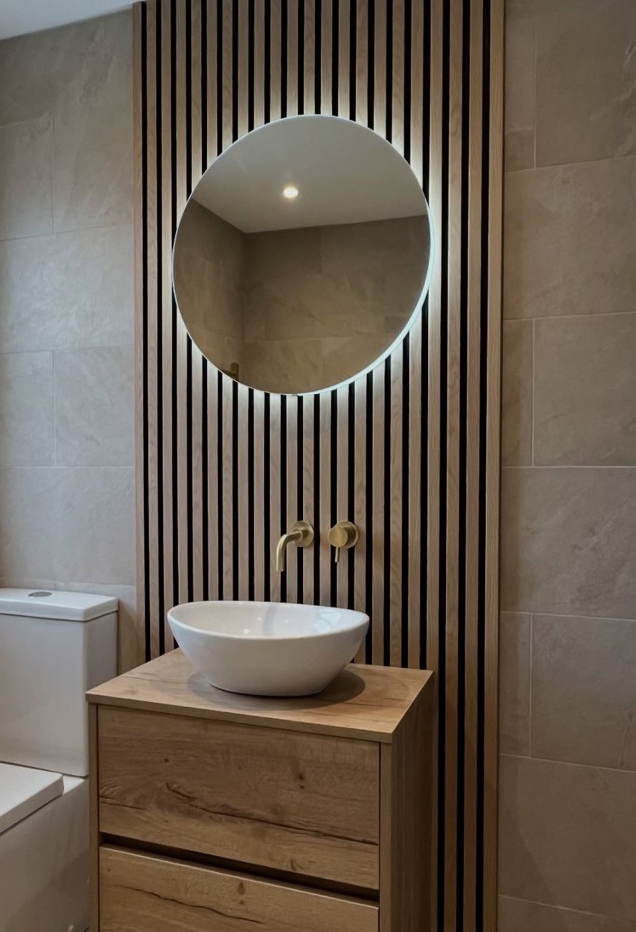 Bathroom materials enhanced by mirror lighting