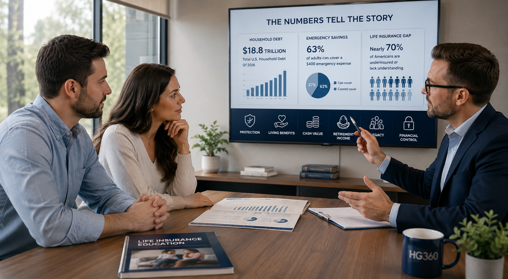 HG360 financial education consultation showing household debt, emergency savings, life insurance gaps, and the need for protection, cash value, retirement income, legacy planning, and financial control.