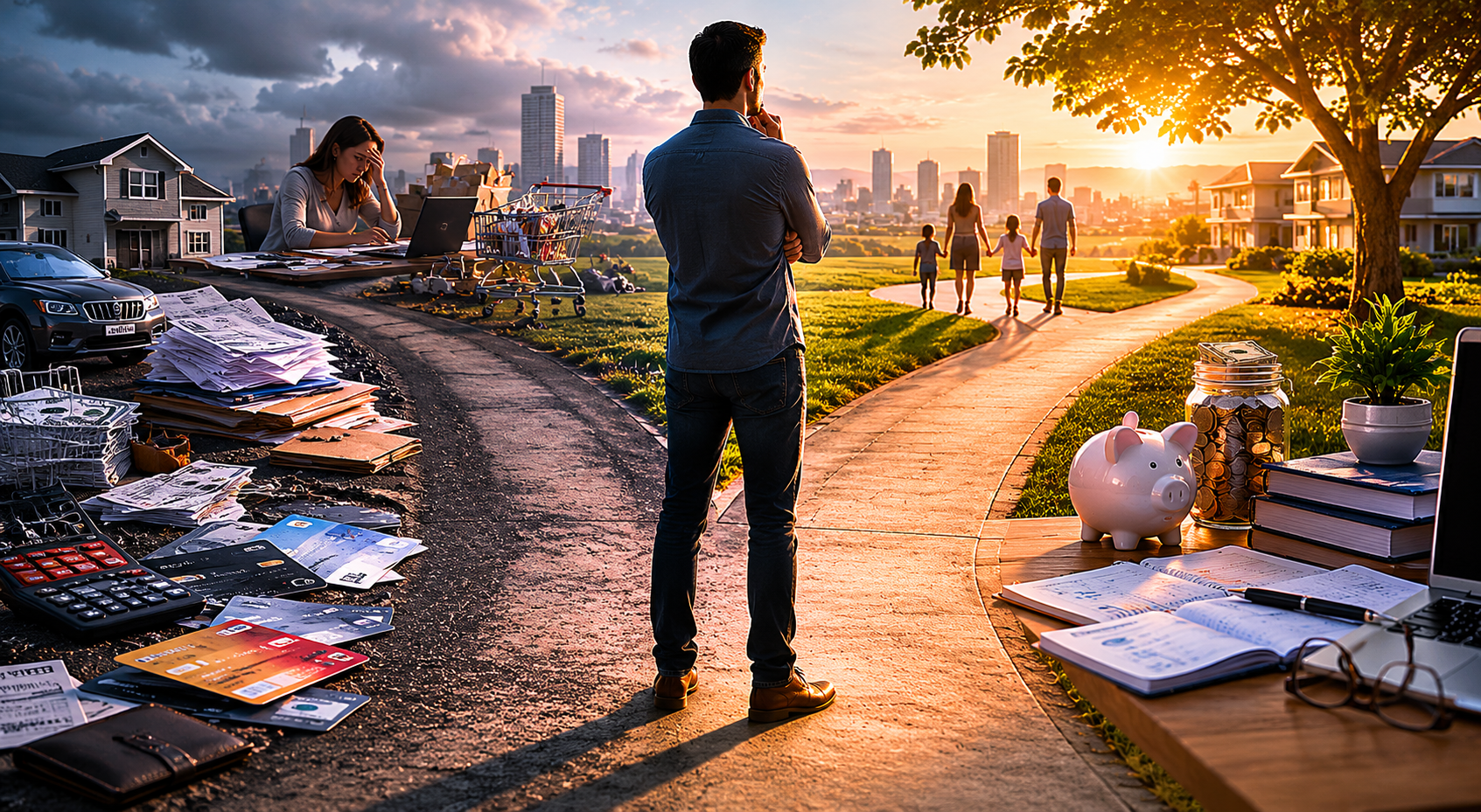 Man standing at a crossroads between debt, bills, credit cards, and financial stress on one side and family, savings, homeownership, and financial freedom on the other.