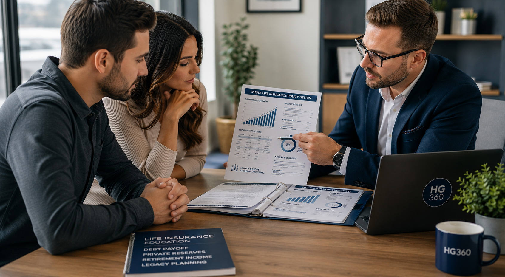 HG360 advisor explaining whole life insurance policy design, cash value growth, policy benefits, access and liquidity, debt payoff, private reserves, retirement income, and legacy planning to a couple.