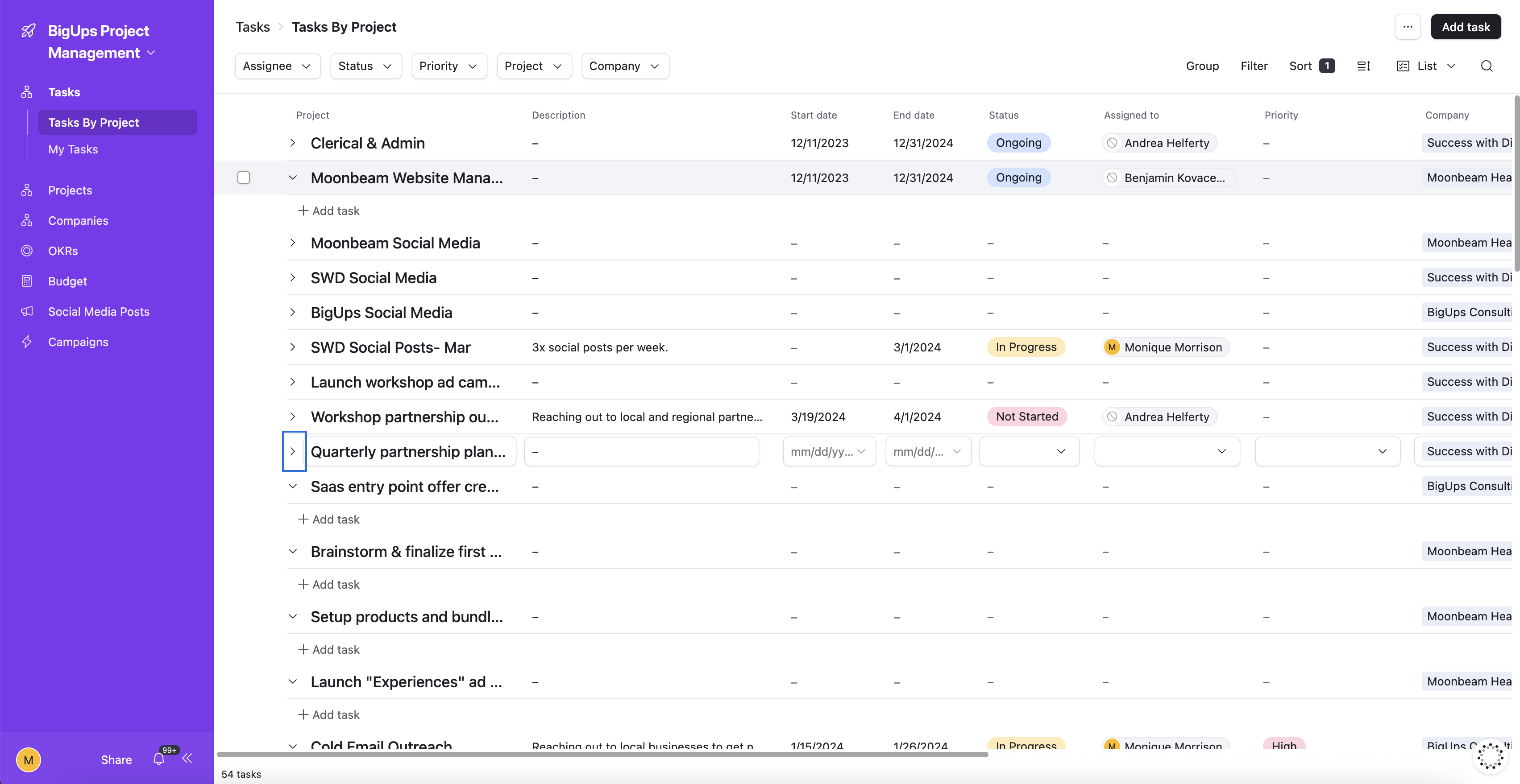 Tasks By Project — grouped across all companies with status, assignee, and due date