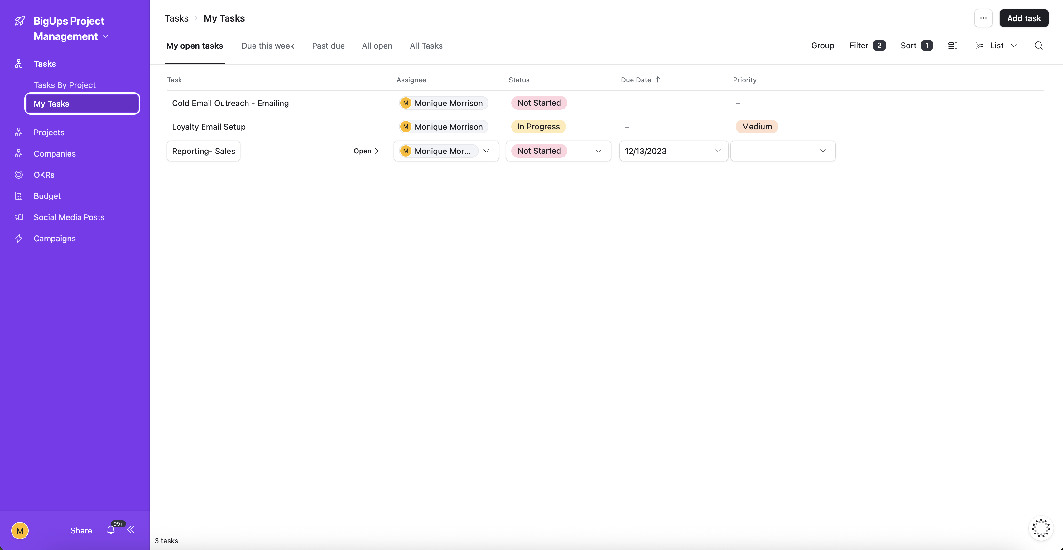 My Tasks — personal queue with status and priority filters