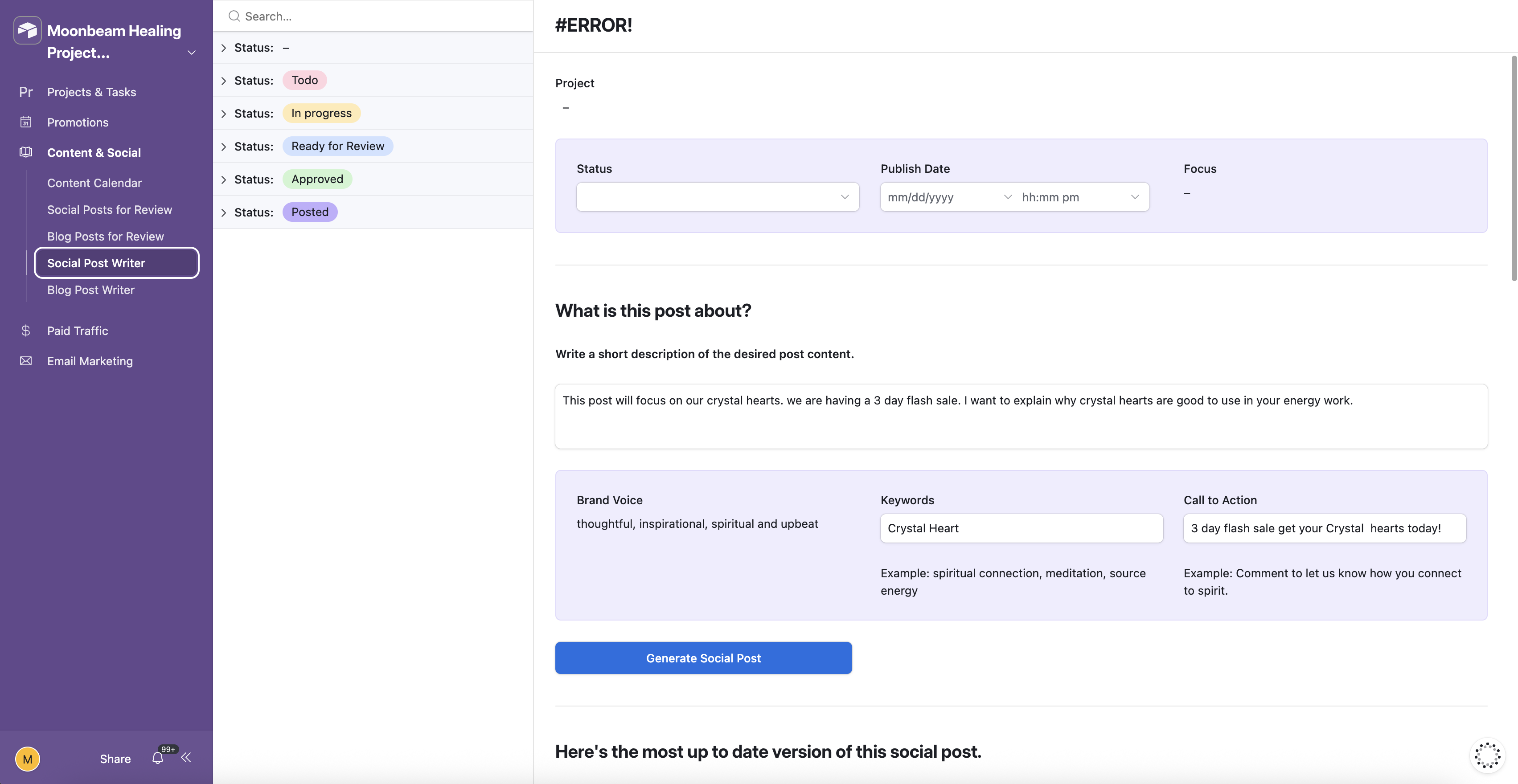 Social Post Writer — brief input with brand voice, keywords, CTA, and AI generation