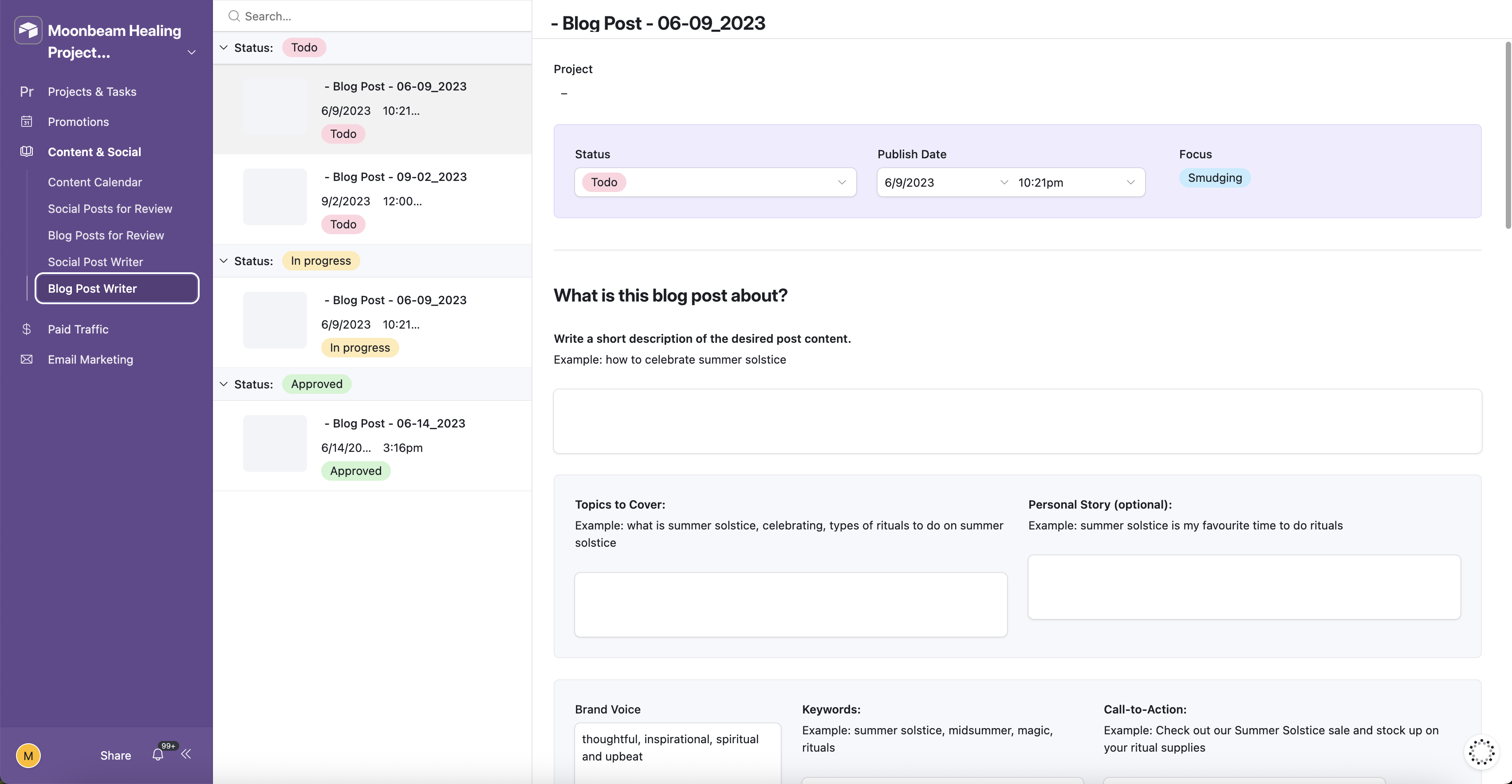 Blog Post Writer — topic, talking points, personal story hook, brand voice