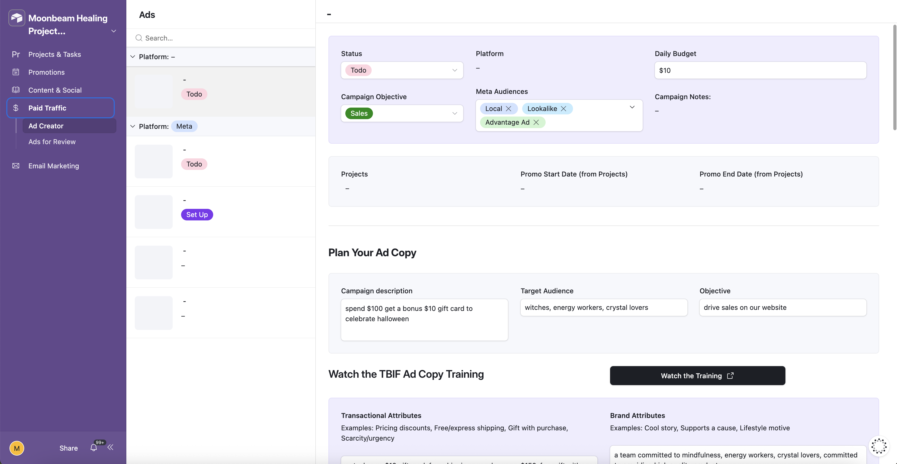 Ad Creator — structured brief with four attribute types