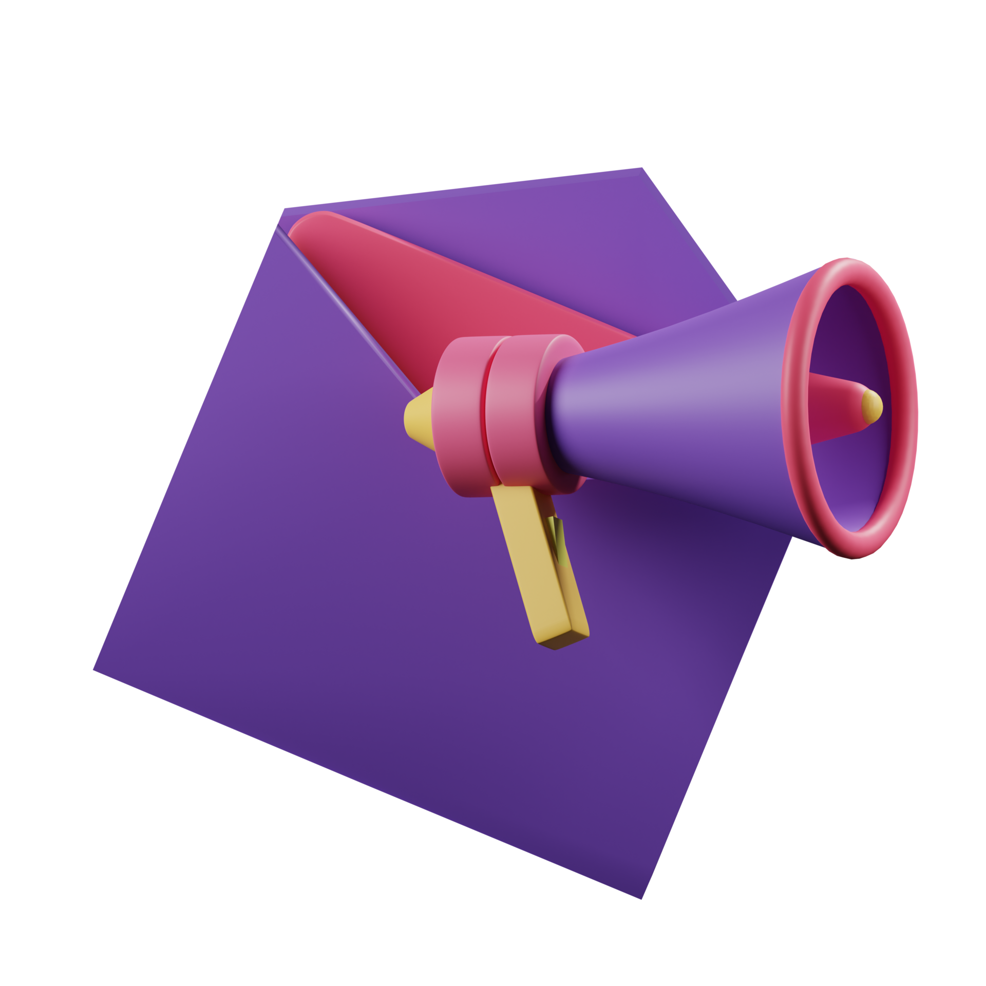 a purple envelope with a velvet red interior, with a mega phone just infront and on the right hand side of the envelope, with a golden handle.