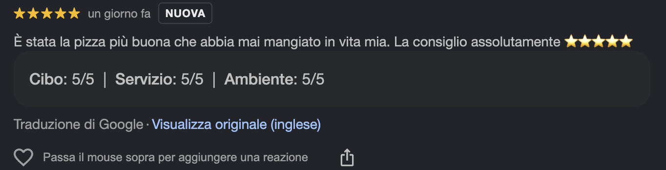 Recensione Google 5 stelle del locale
