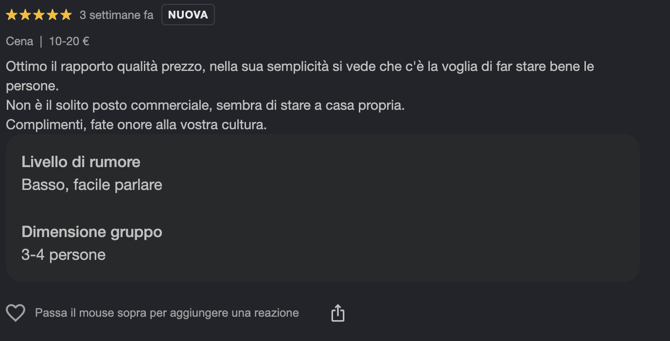 Recensione Google 5 stelle del locale