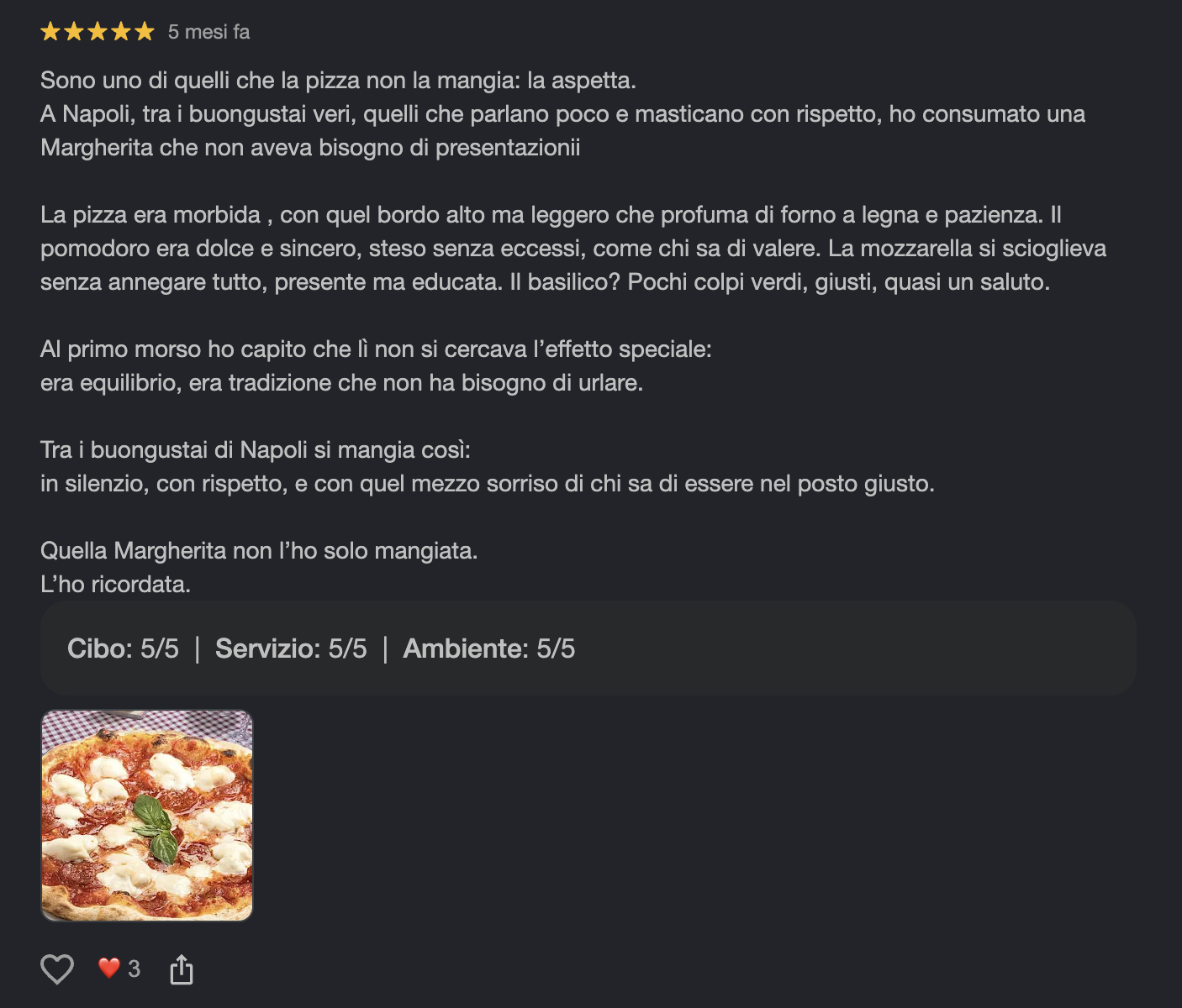 Recensione Google 5 stelle del locale