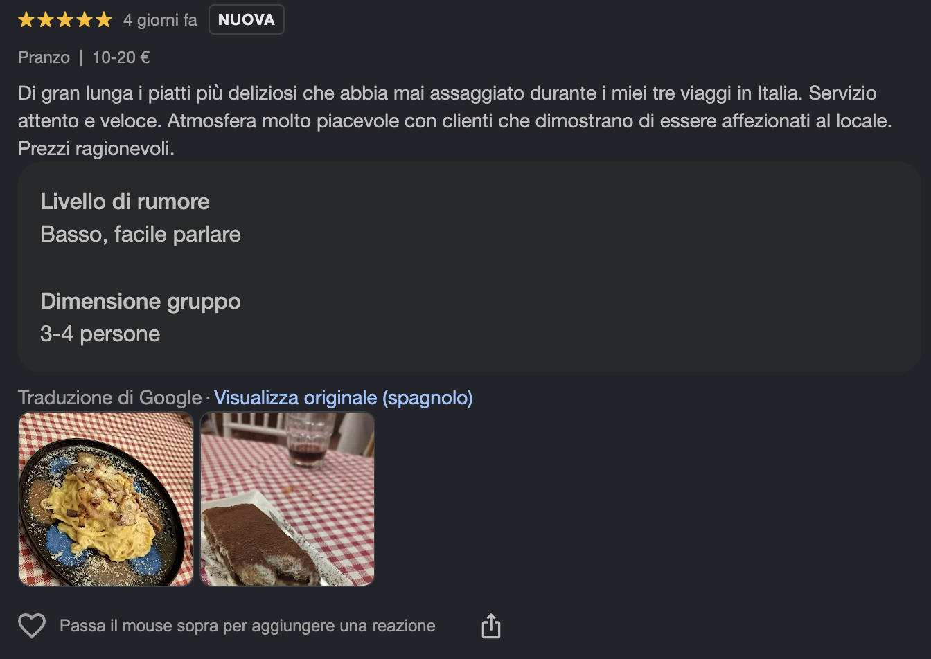 Recensione Google 5 stelle del locale