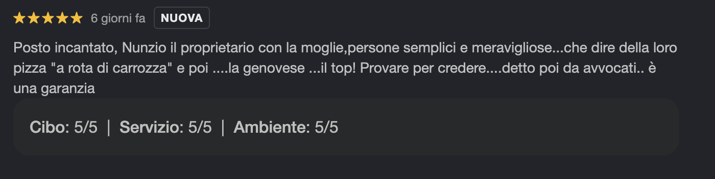 Recensione Google 5 stelle del locale