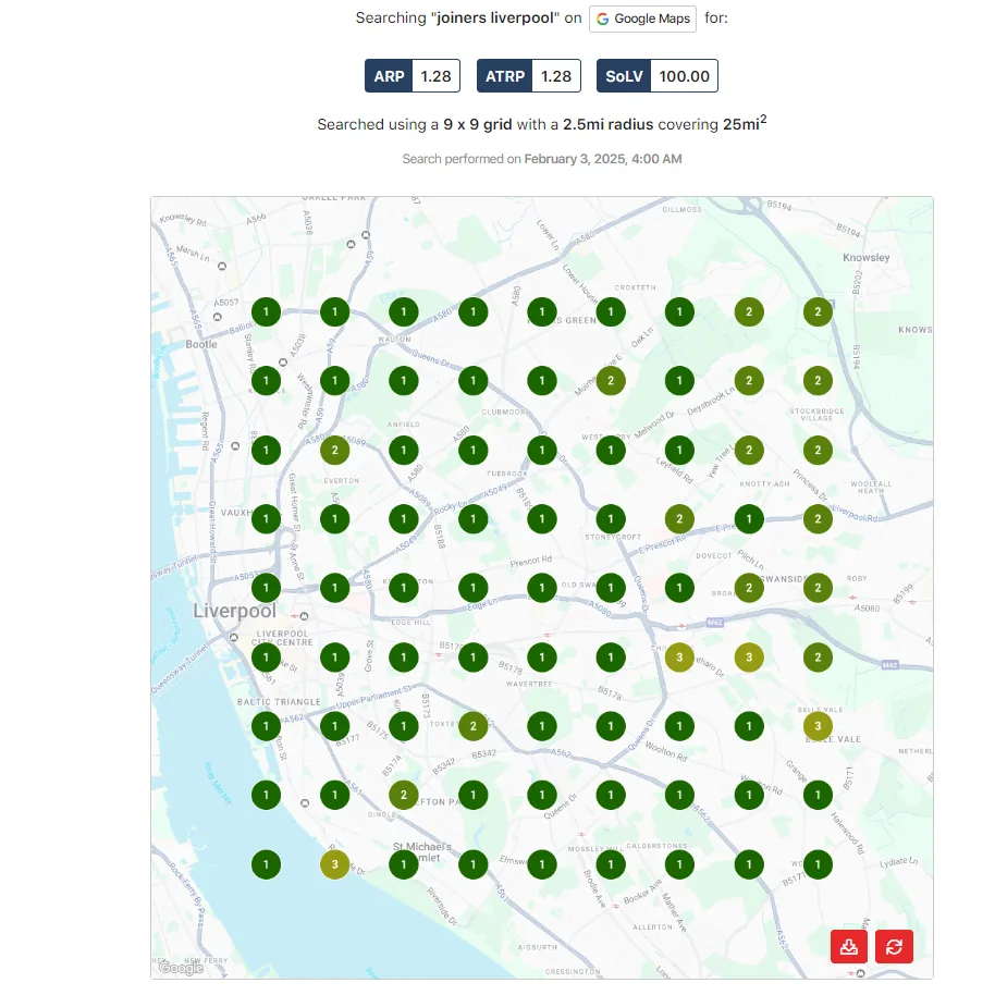 Geo-grid scan for joiners liverpool: a Liverpool joiner ranking top 3 across 25 square miles