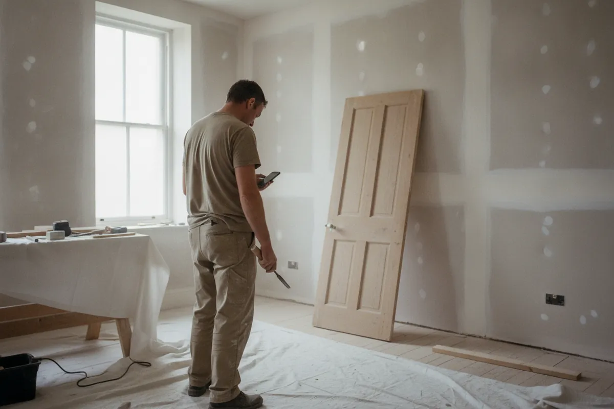 A tradesman checking his phone on a half-finished job in a UK home, tool still in hand