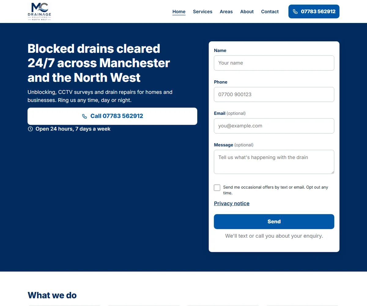 The MC Drainage Solutions home page on a laptop: call button, enquiry form and services
