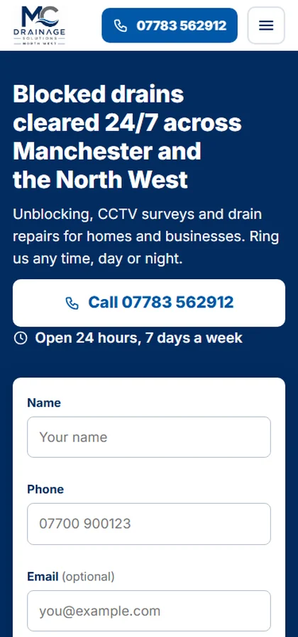 The MC Drainage Solutions home page on a phone, with the call button above the fold
