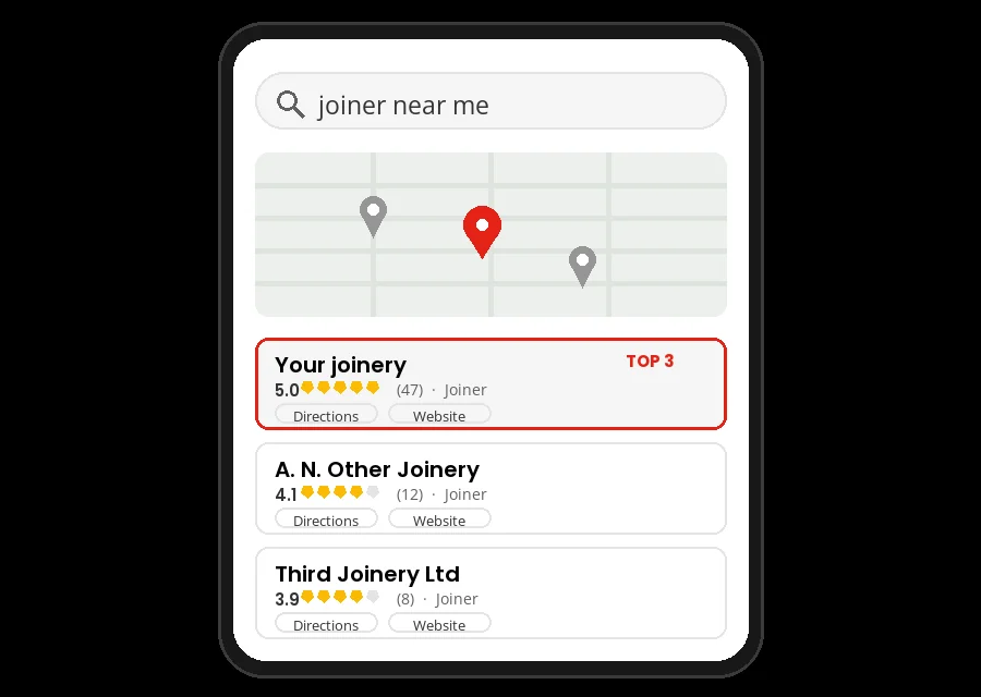 A phone showing a search for a joiner: a map and three results, with the top one highlighted