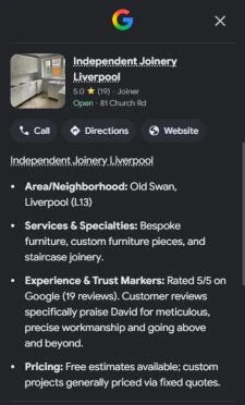 Google AI Overview on a phone showing Independent Joinery Liverpool, rated 5.0 from 19 reviews