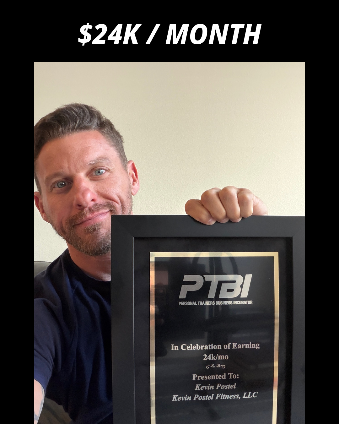 Kevin Postel holding his PTBI win plaque
