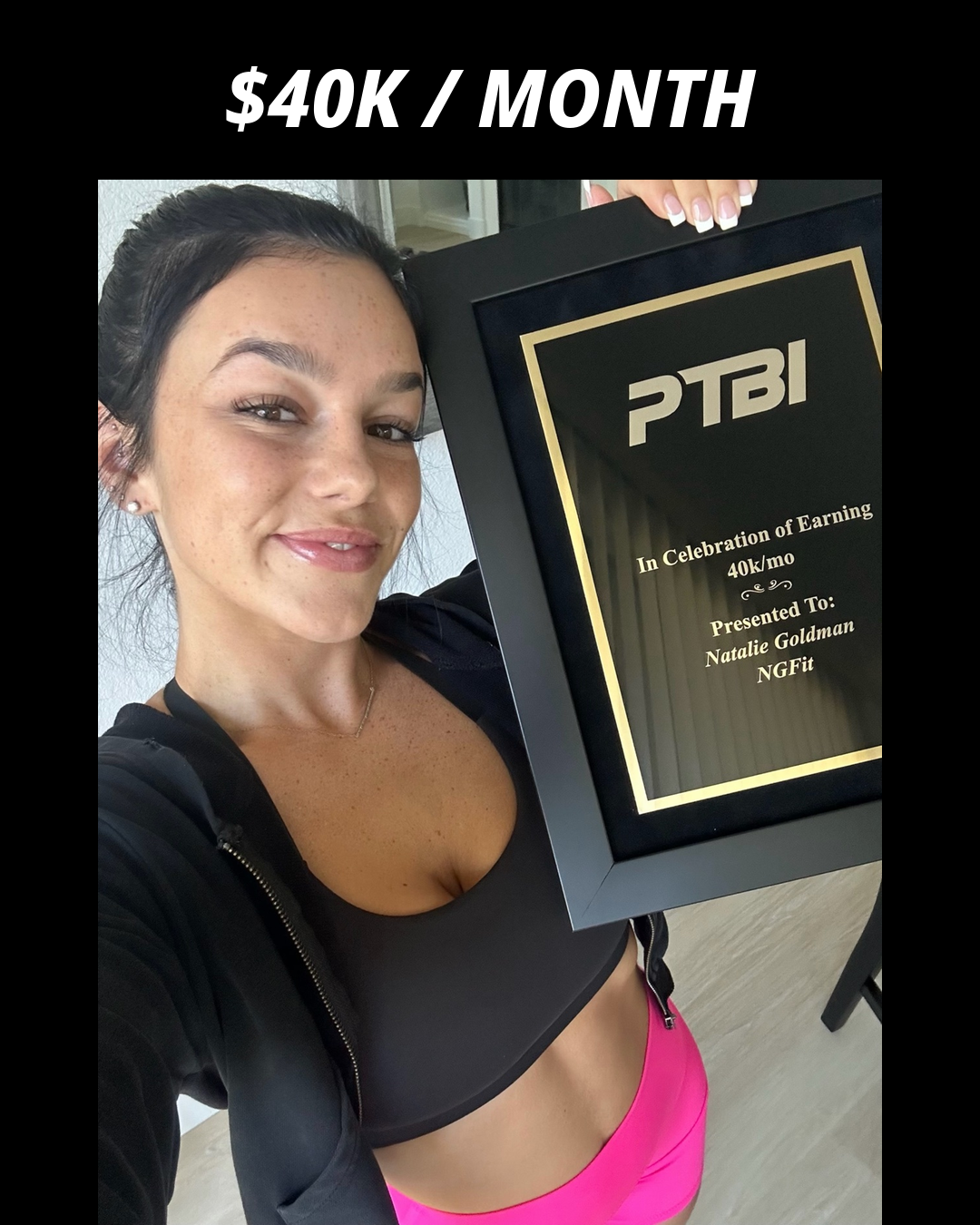 Natalie Goldman holding her PTBI win plaque
