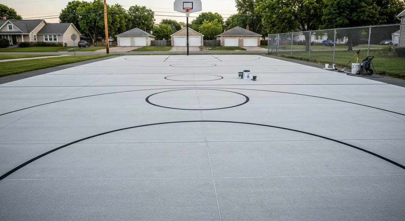 Basketball court concrete surface near City Park