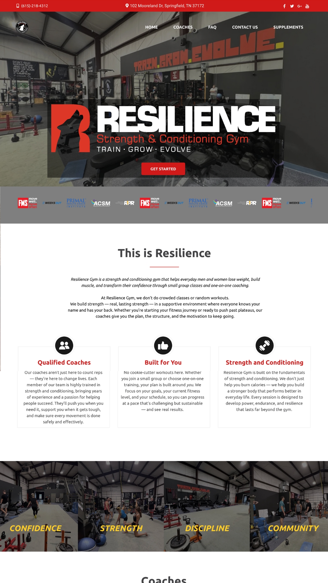 Website design for Resilience Gym in Springfield, Tennessee
