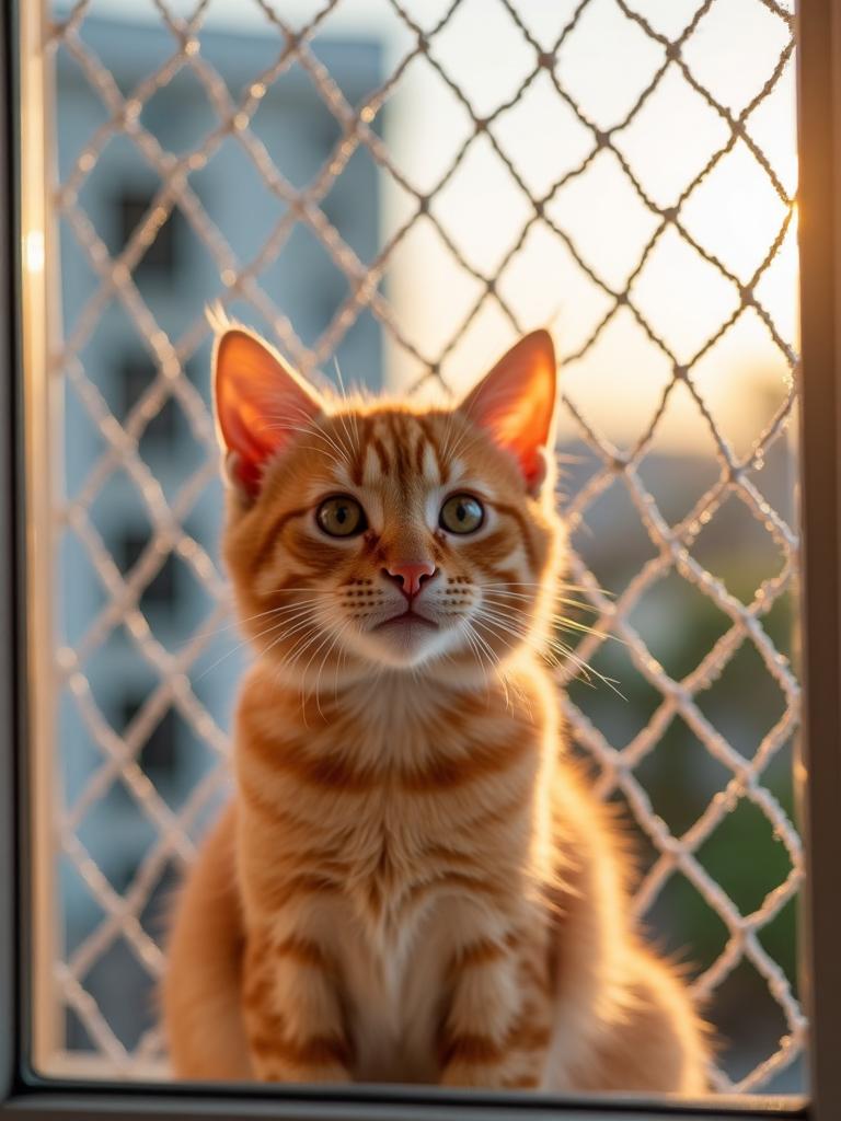 Gato protegido com rede de proteção Telacat