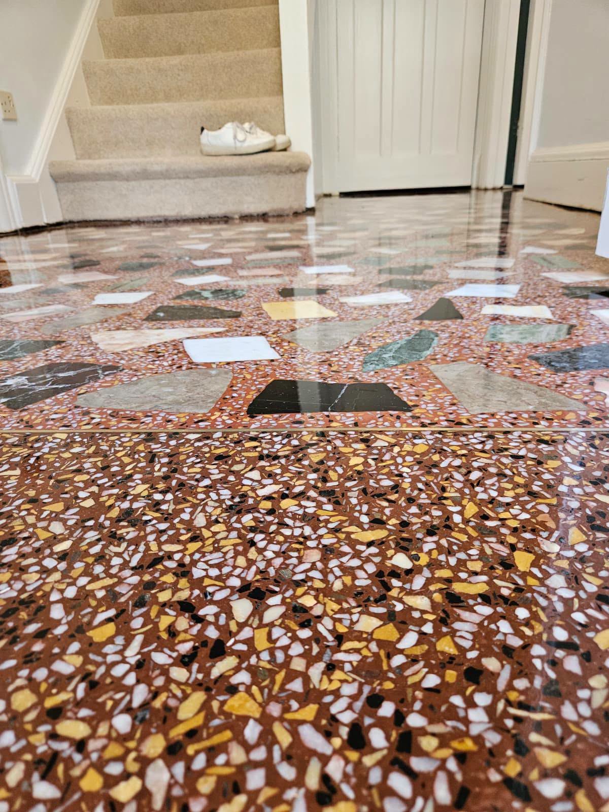 Close-up of a restored natural stone floor