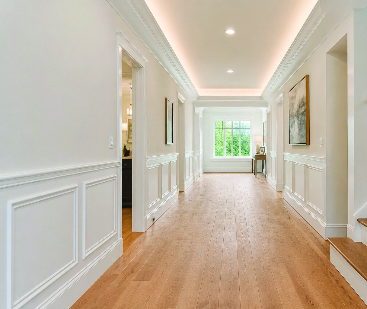A wide, grand hallway in a renovated NH home featuring custom millwork and smart lighting that enhances both safety and ambiance.