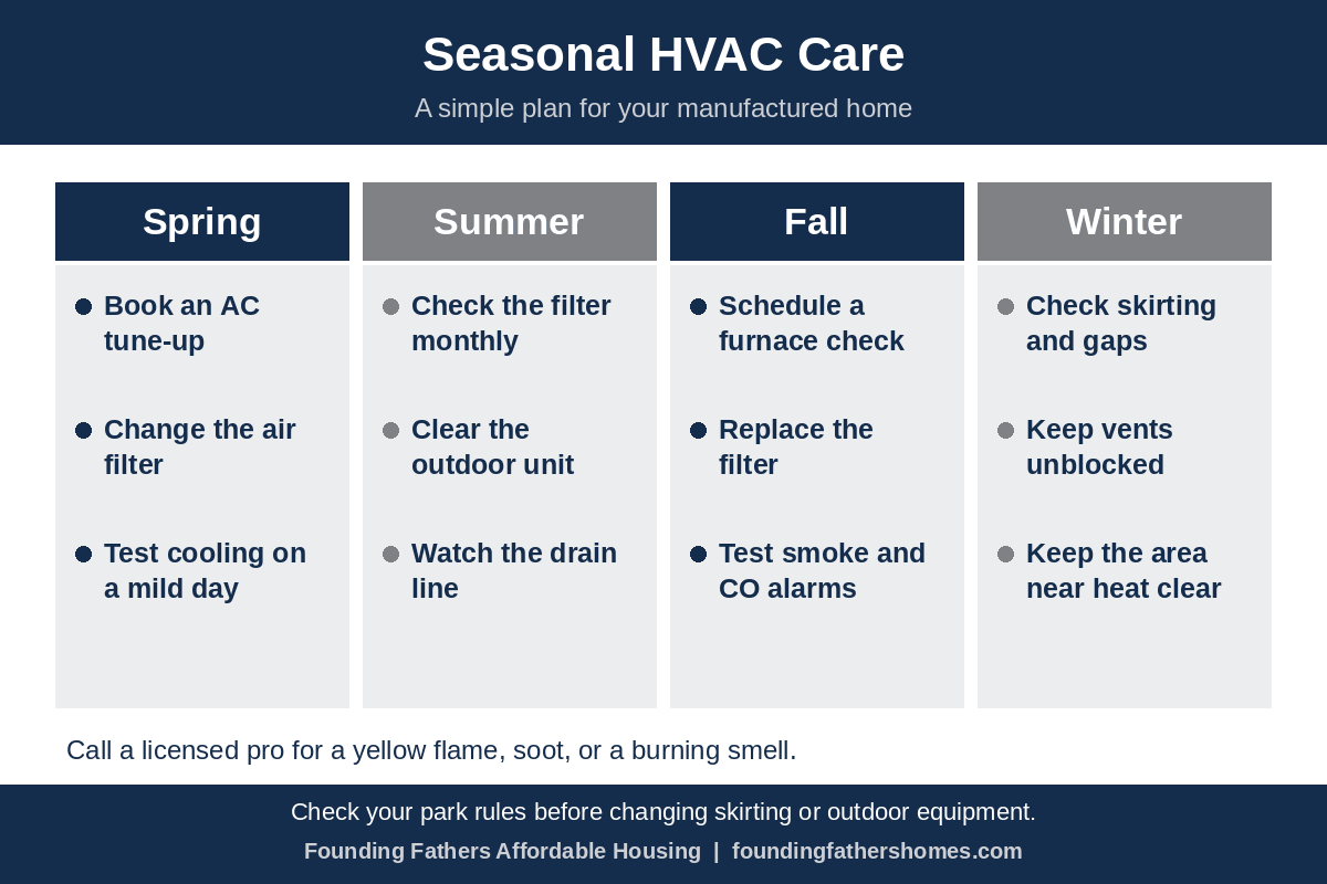 Seasonal HVAC care chart for a manufactured home showing tasks for spring, summer, fall, and winter