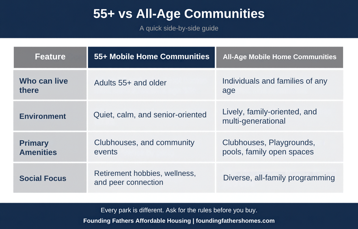 Side-by-side chart of 55+ and all-age manufactured home communities