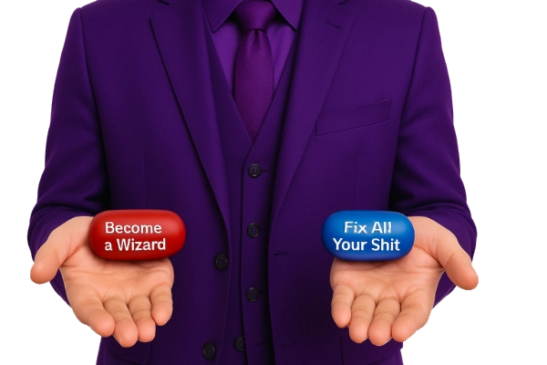 Purple suit torso with both palms open. Left palm holds a red pill labeled “Become a Wizard.” Right palm holds a blue pill labeled “Fix All Your Shit.