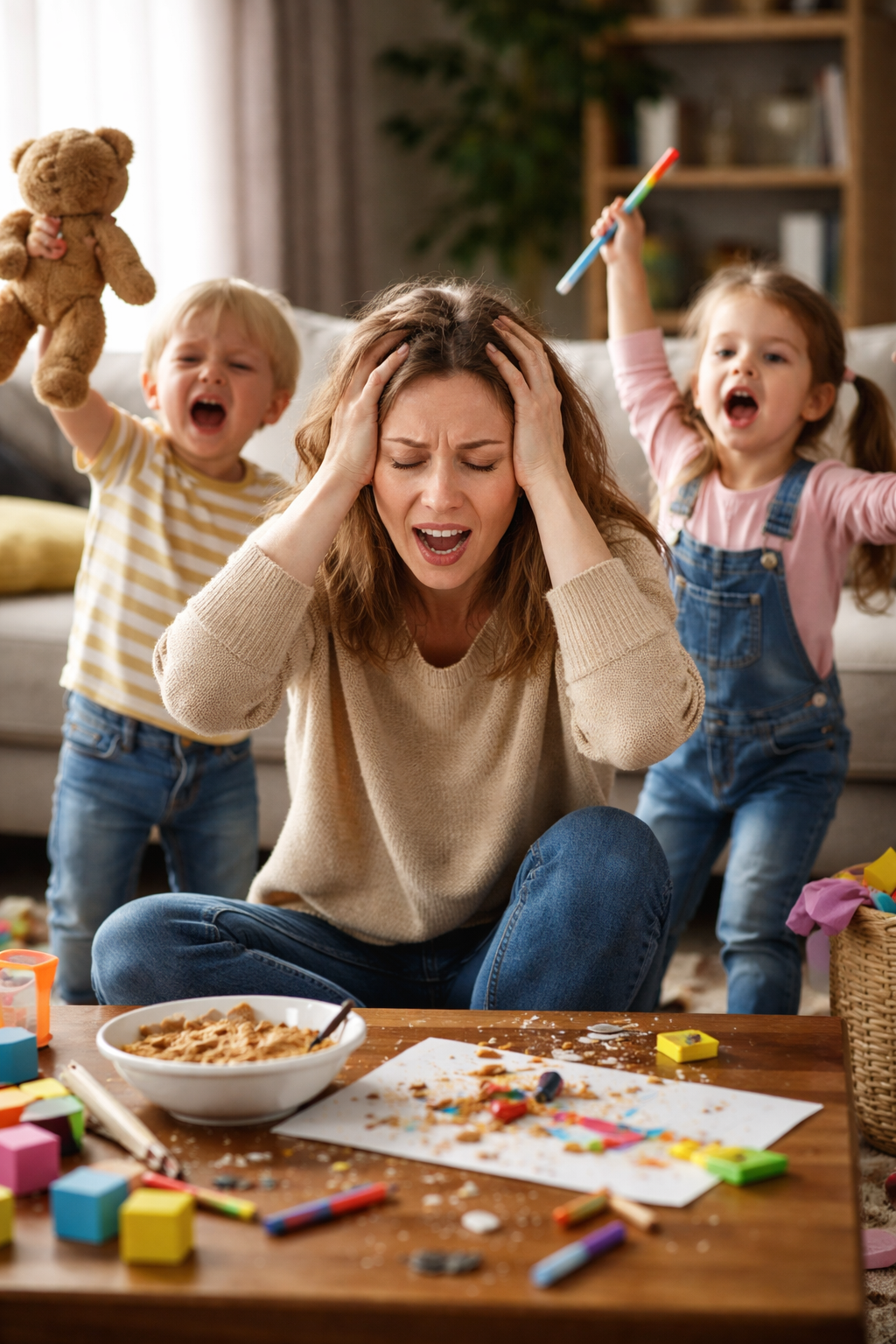 Overwhelmed mom in chaotic living room