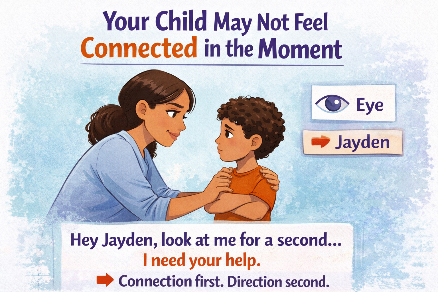 Positive parenting illustration showing parent connecting with child through eye contact and calm communication to help kids listen and improve behavior at home.