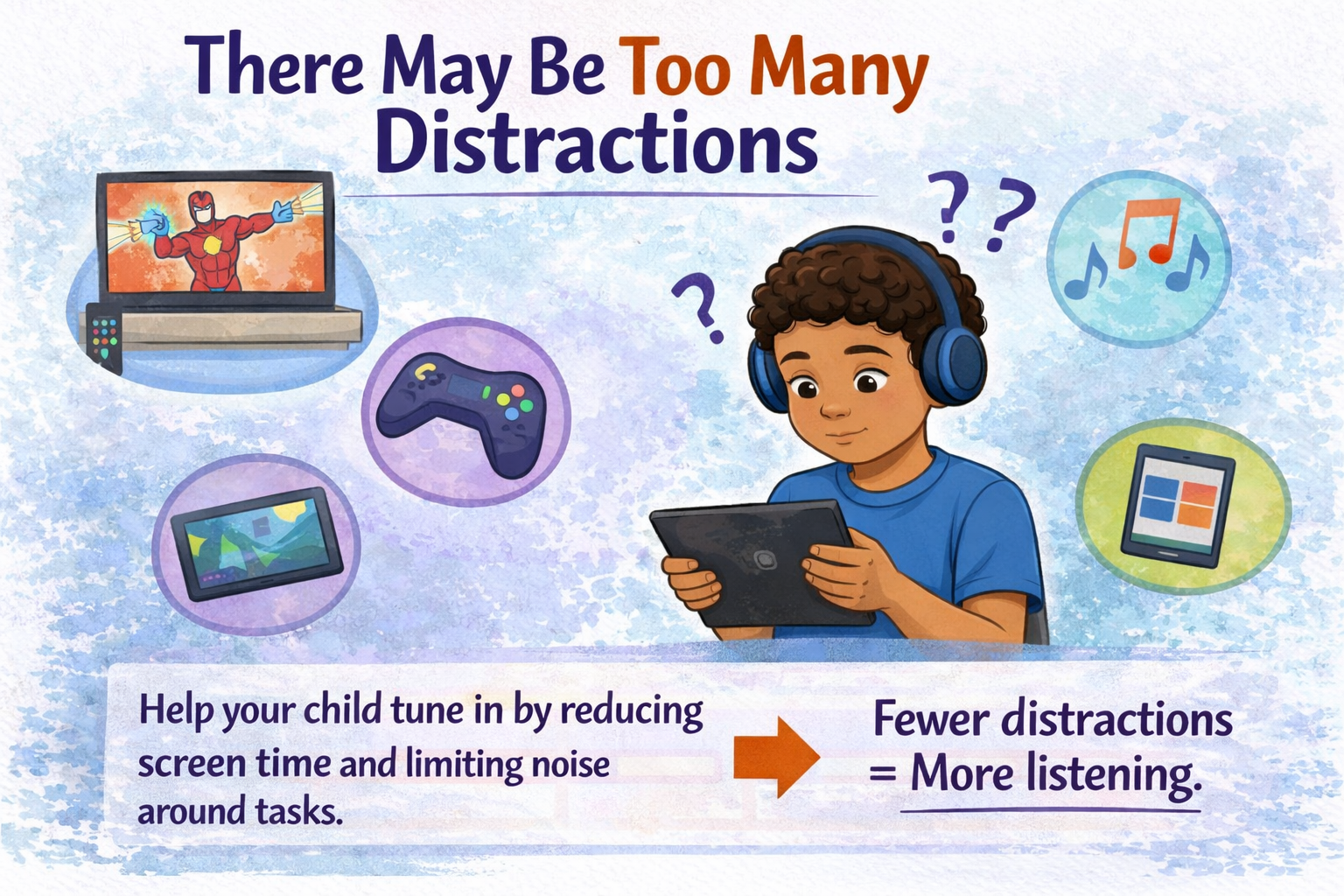 Positive parenting illustration showing child distracted by screens and noise, highlighting how reducing distractions improves child focus, listening skills, and behavior.