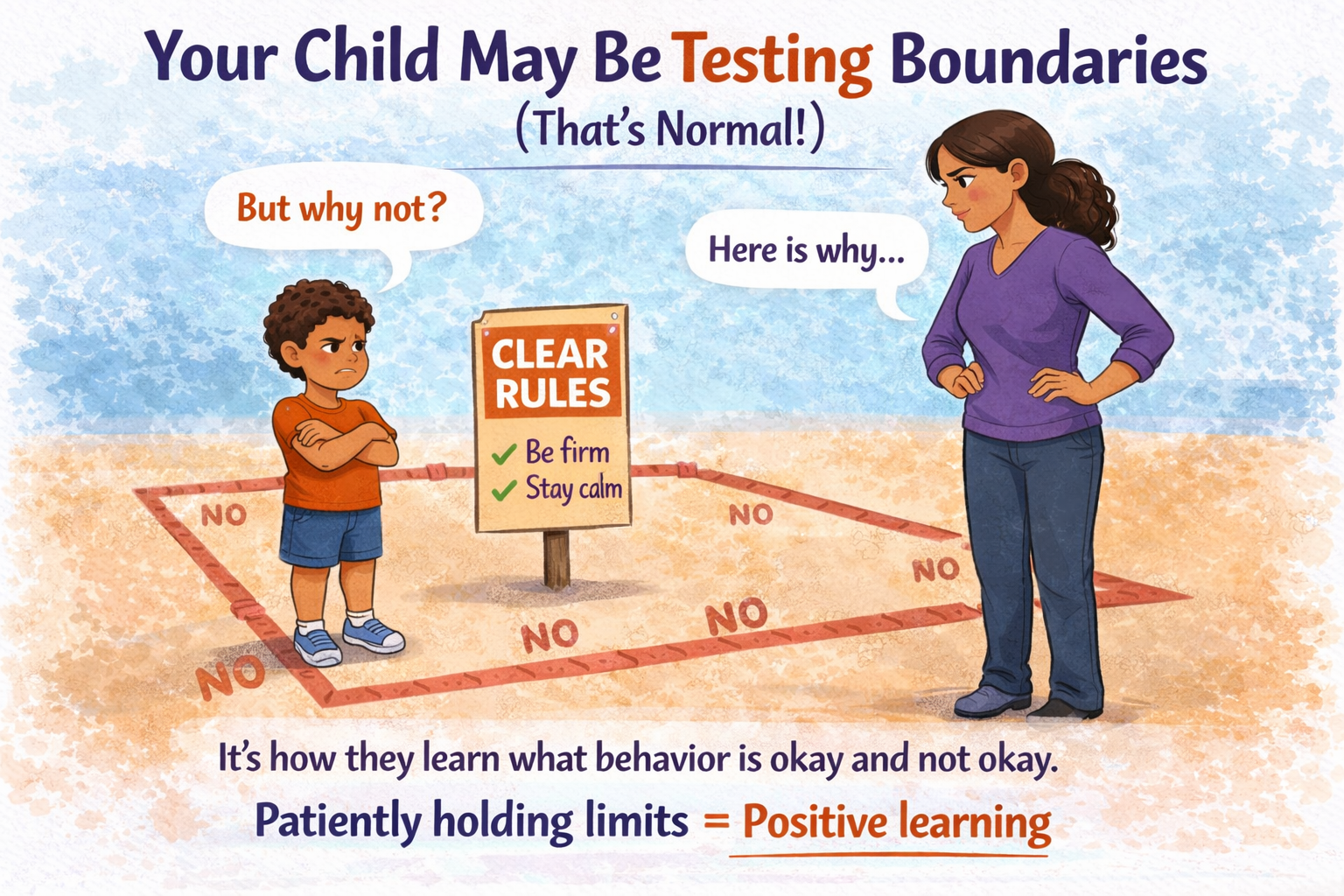 Positive parenting illustration showing child testing boundaries and parent calmly enforcing rules, demonstrating how clear limits improve child behavior and emotional development.