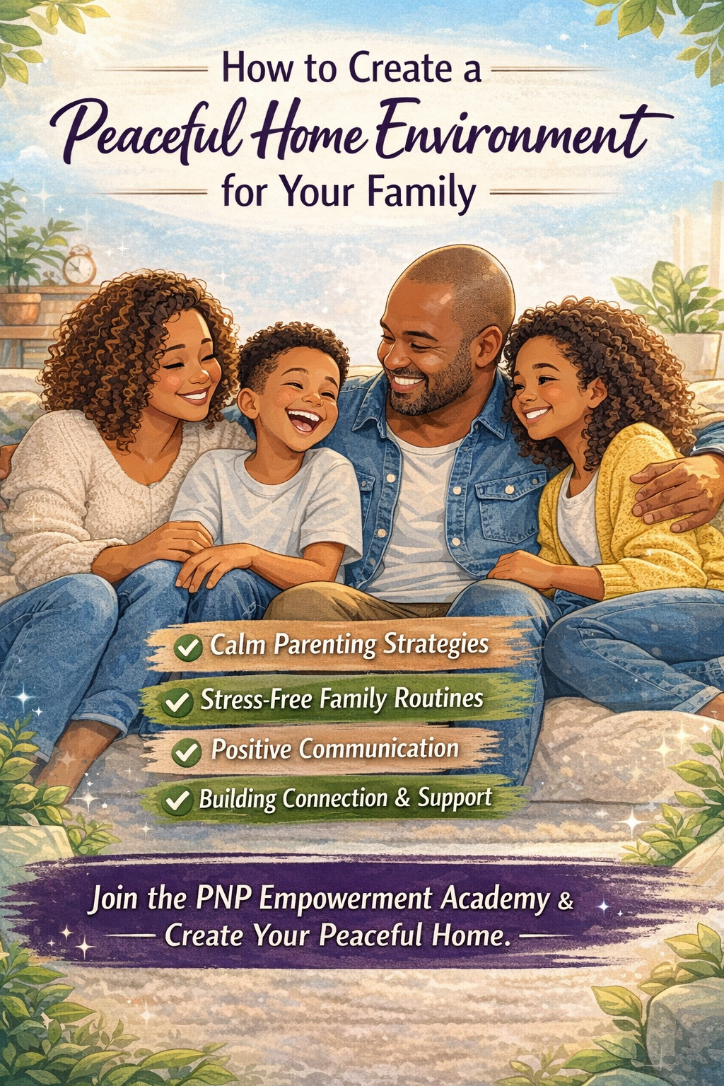 “Happy family sitting together smiling in a cozy home, illustrating how to create a peaceful home environment using calm parenting strategies, positive communication, and family connection.”
