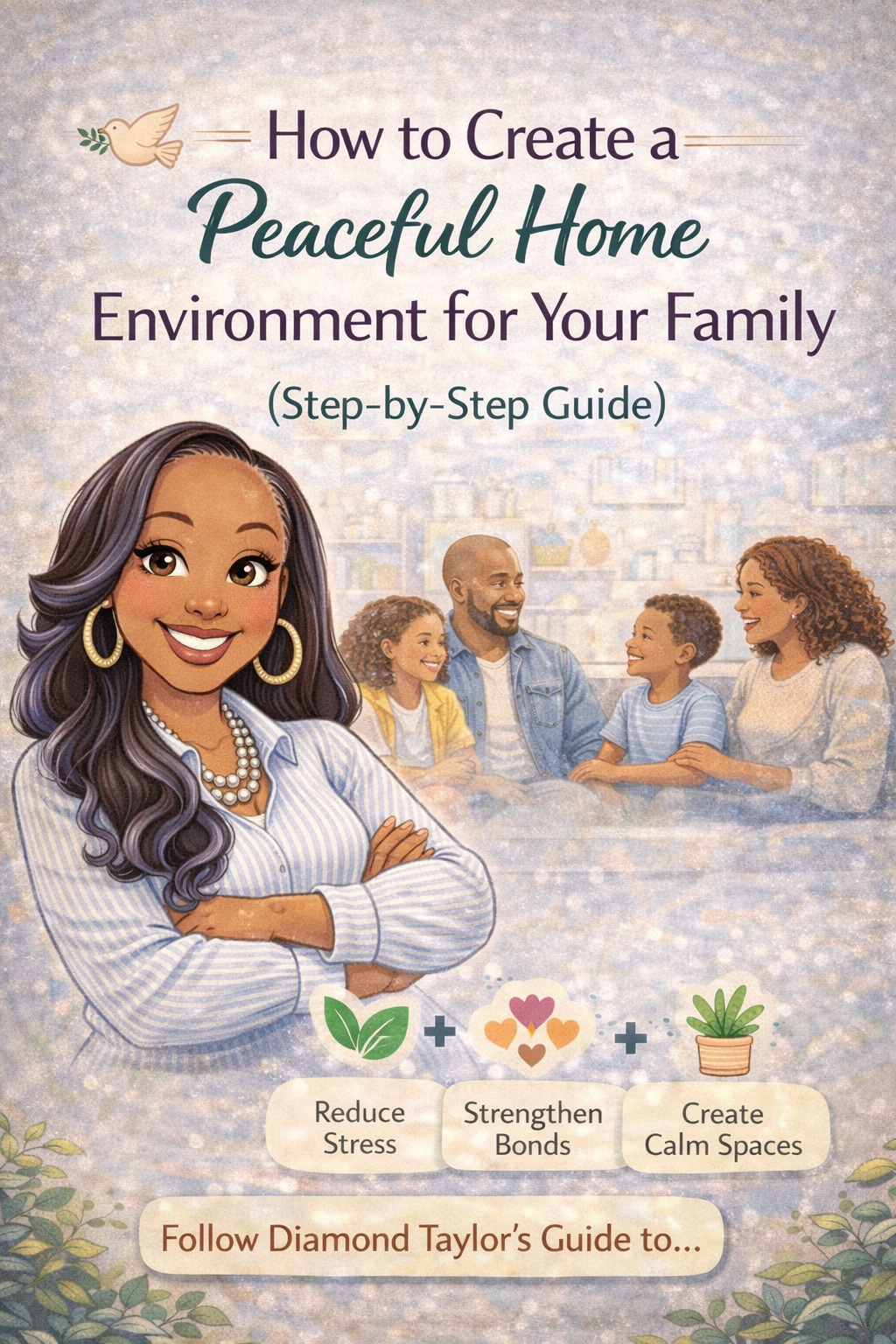 “Diamond Taylor-Brown standing confidently with arms folded in front of a happy family, promoting a step-by-step guide to creating a peaceful home environment through calm parenting.”
