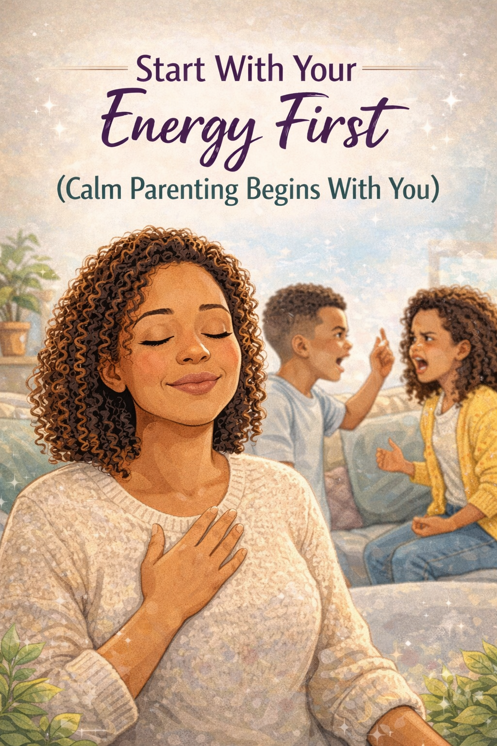 “Calm mother practicing deep breathing while children argue in the background, representing emotional regulation and calm parenting strategies for creating a peaceful home environment.”