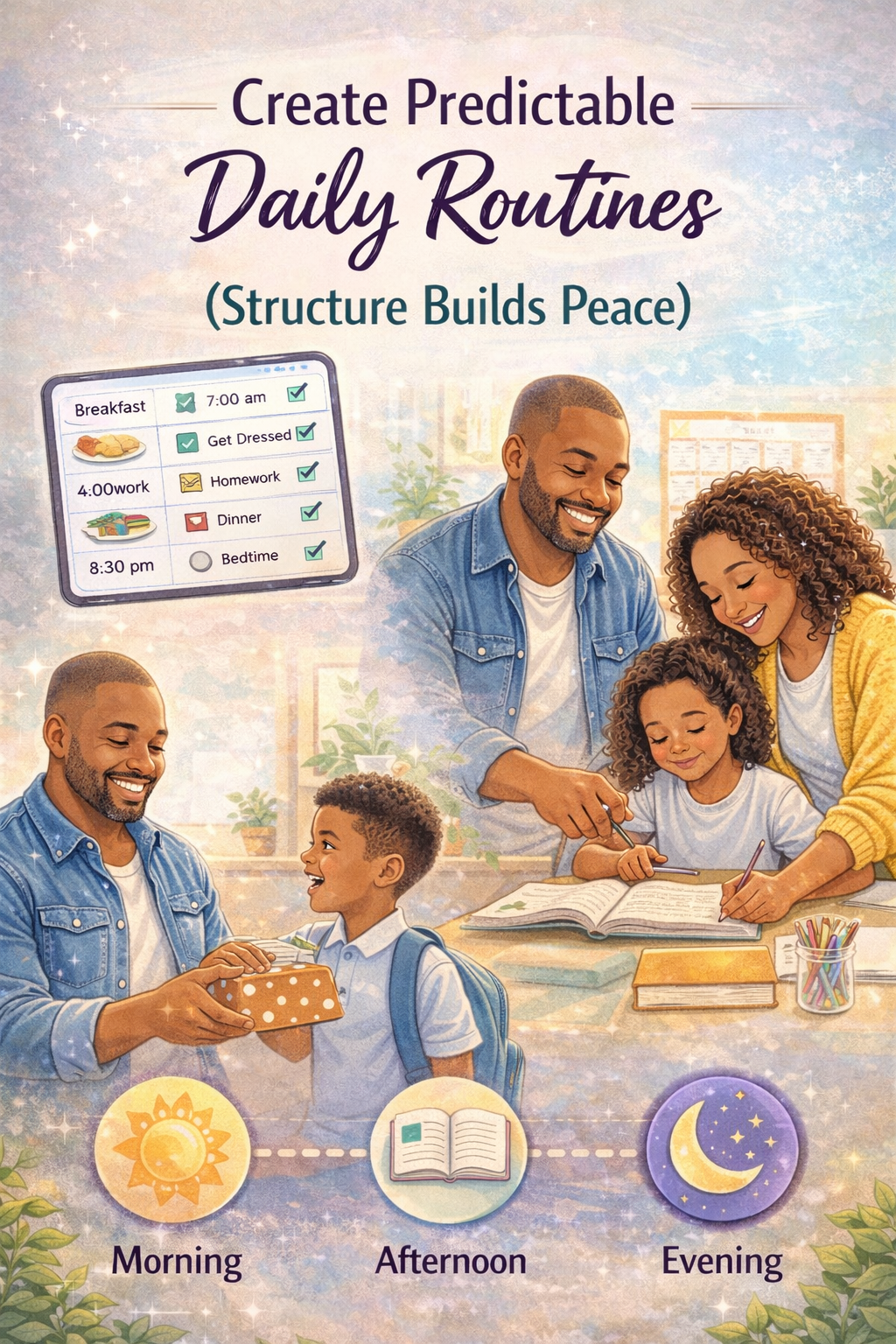 “Family following a structured daily routine including breakfast, homework, and bedtime, showing how routines create stability and a peaceful home environment for children.”
