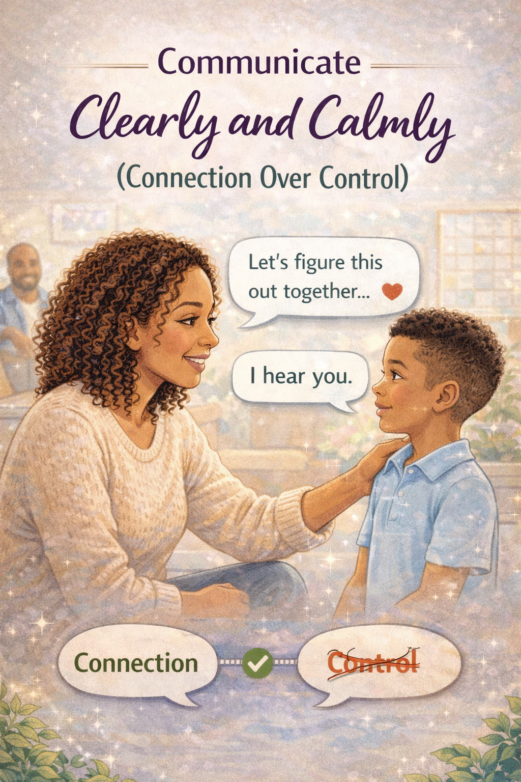 “Mother kneeling and speaking calmly to child with loving eye contact, demonstrating positive parenting communication and building strong family connection over control.”