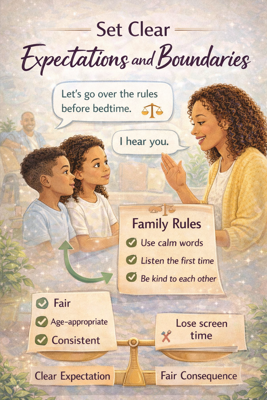 “Parent explaining family rules to children with a visual checklist, highlighting clear expectations, boundaries, and consistent parenting for a calm household.”