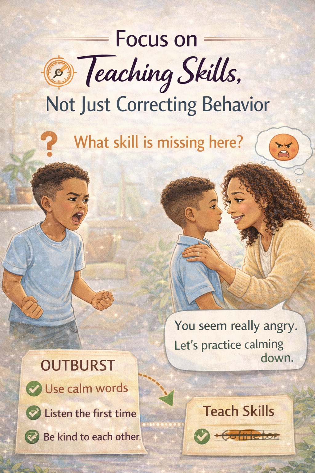 “Parent explaining family rules to children with a visual checklist, highlighting clear expectations, boundaries, and consistent parenting for a calm household.”