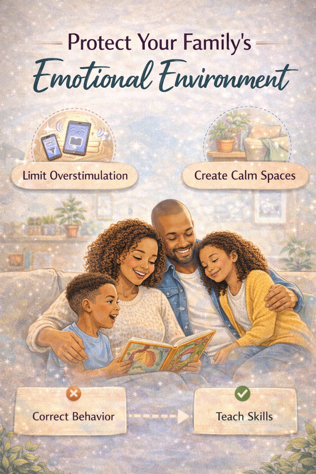“Family spending calm, quality time together while limiting distractions, representing emotional safety, reduced stress, and a peaceful home atmosphere.”