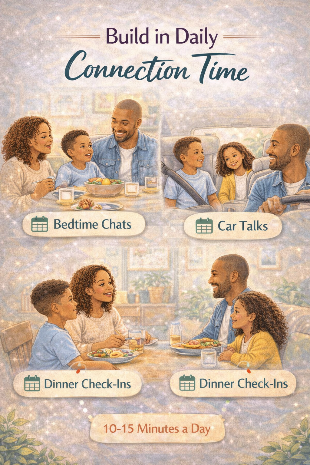 “Family bonding during dinner, car rides, and bedtime conversations, showing how daily connection time strengthens relationships and reduces behavior challenges.”