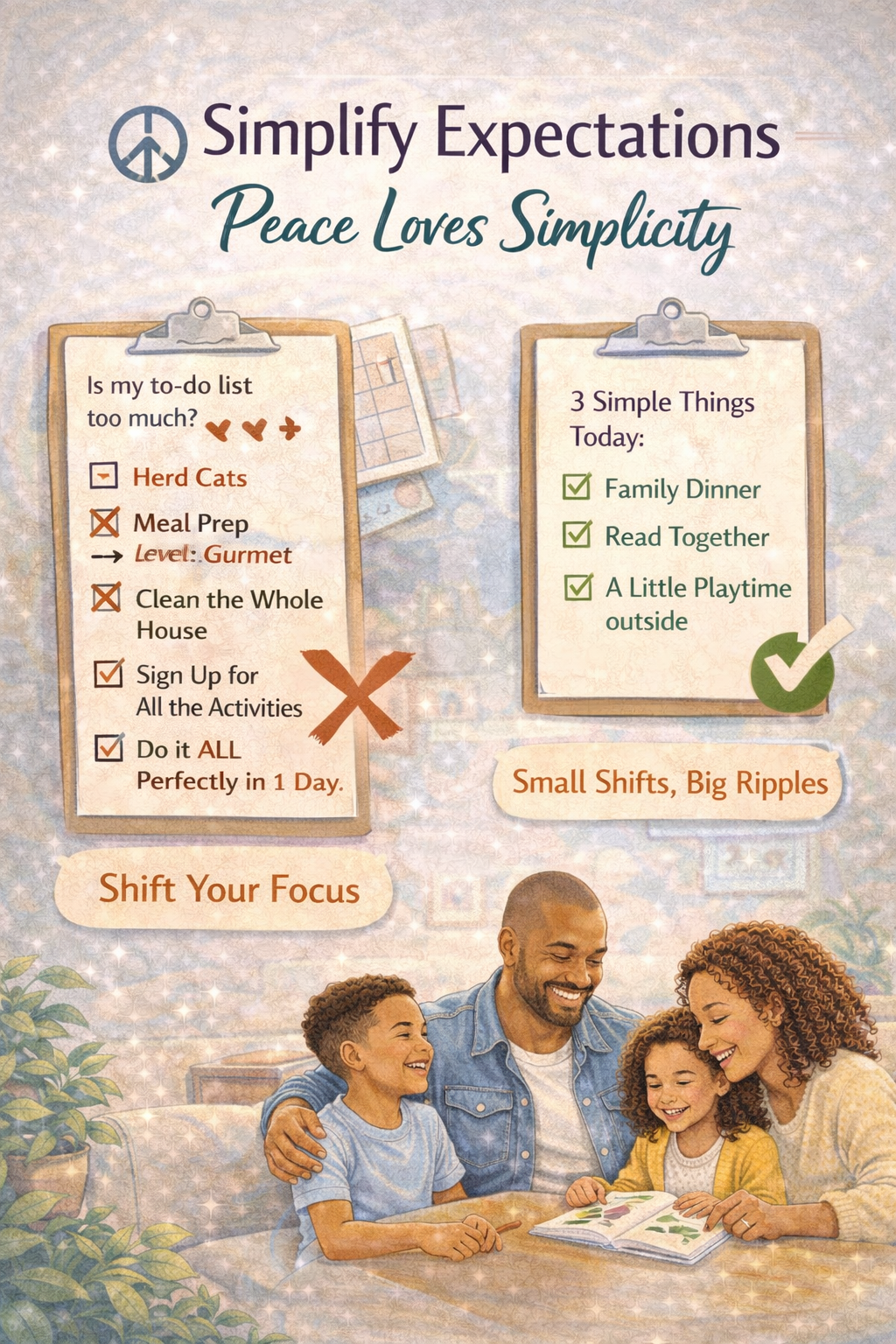 “Family enjoying simple activities together while focusing on a short, manageable to-do list, illustrating how simplifying expectations creates peace at home.”