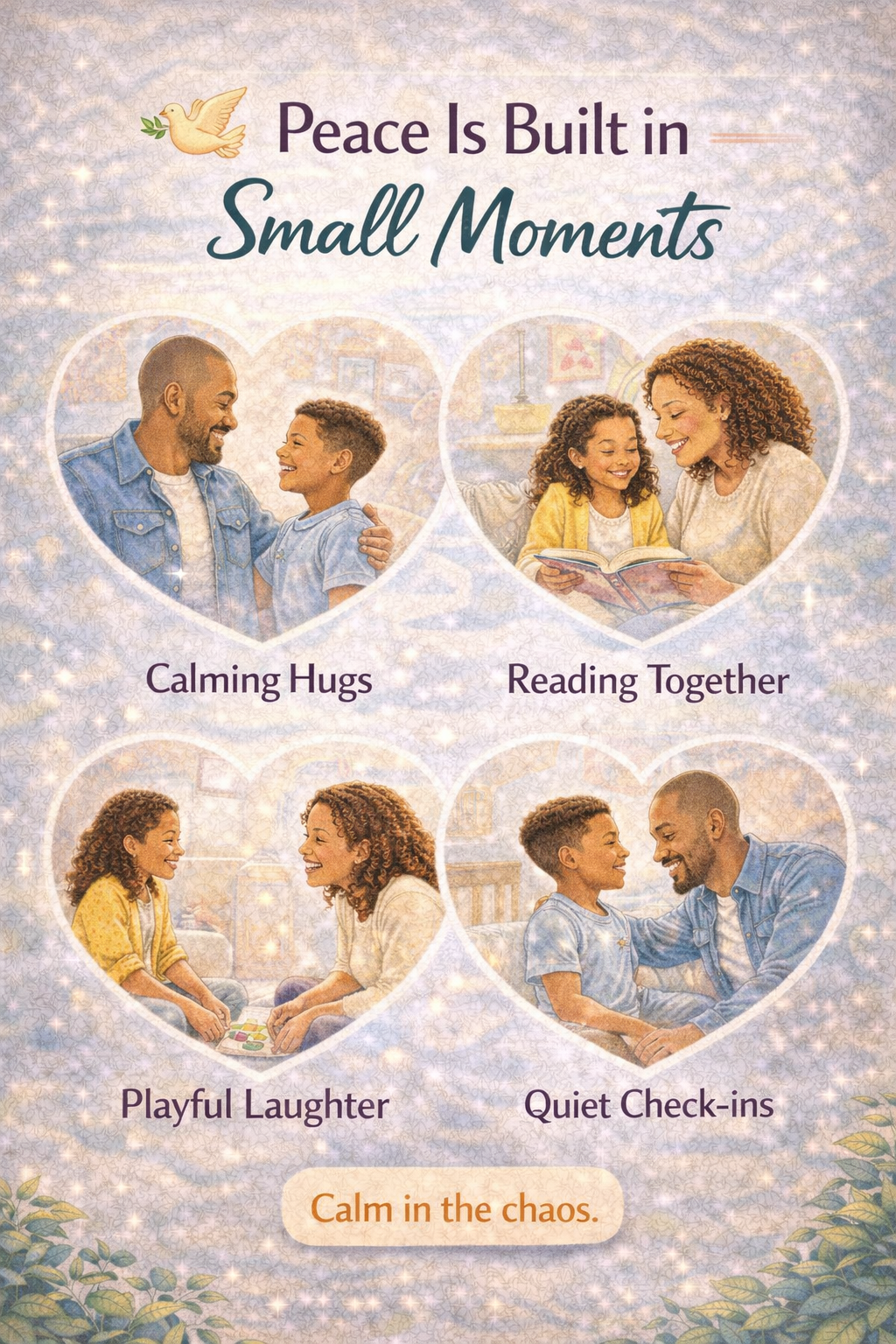 “Family sharing hugs, reading together, and laughing, illustrating how small daily moments build a peaceful and connected home environment.”