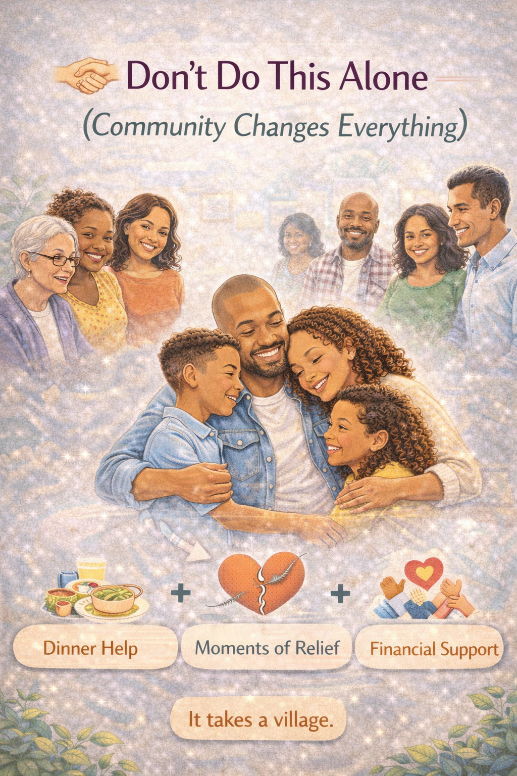 “Family surrounded by a supportive community offering help and connection, representing the importance of parenting support, village mindset, and family empowerment.”