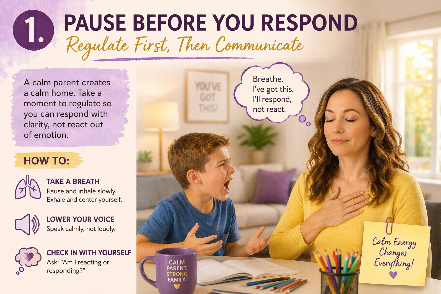Mother calmly pauses with eyes closed and hand on chest while child expresses frustration, illustrating emotional regulation and peaceful parent-child communication techniques.