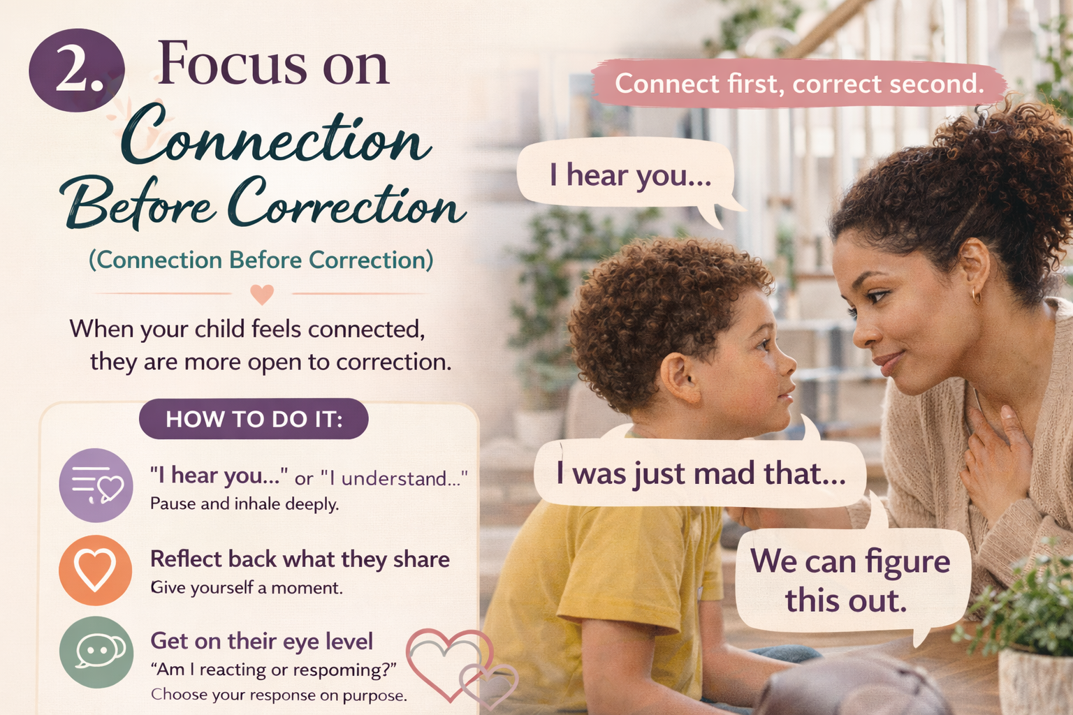 Mother kneels at child’s eye level, listening and speaking calmly to build connection before correction, illustrating positive parent-child communication and emotional connection.