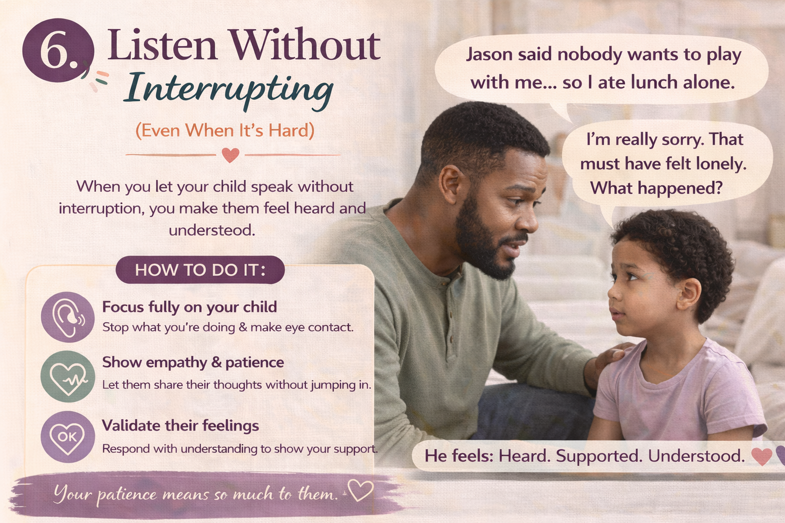 Father listens attentively to his young son without interrupting, demonstrating active listening, empathy, and effective parent-child communication to build trust and emotional connection.